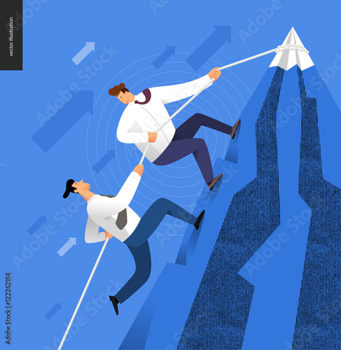 Climbing, business partnership concept - two business people rising the mountain, helping to each other.