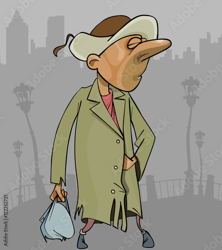 cartoon homeless man in a tattered coat with bag in hand