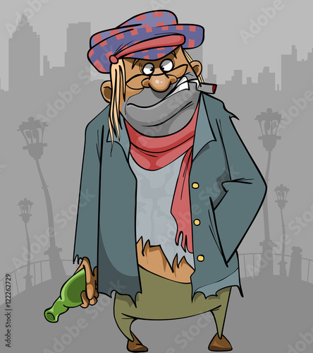 cartoon homeless man in ragged clothes with a bottle and a cigarette