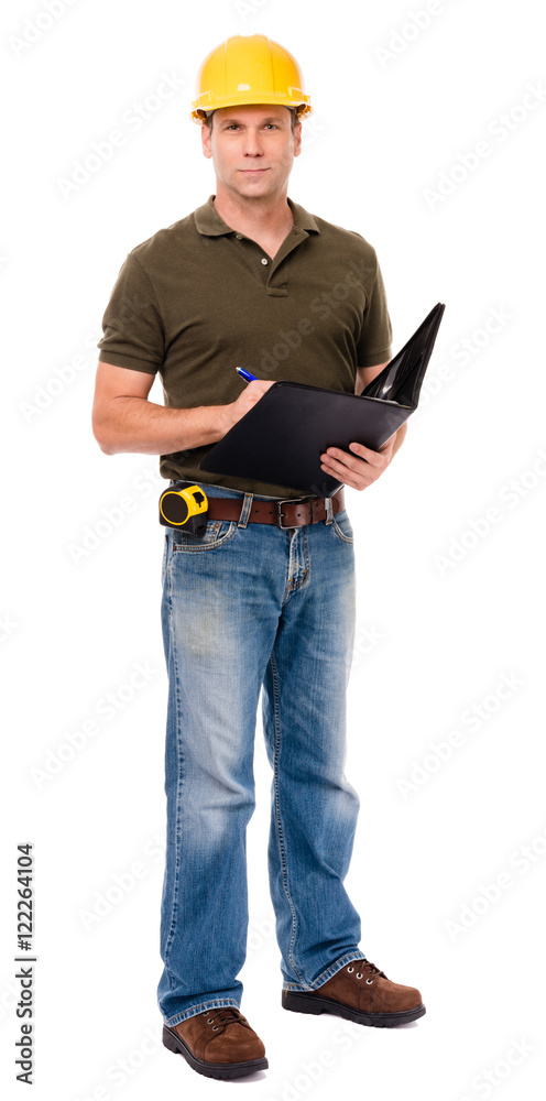 Full-length construction contractor inspector  foreman in hard hat isolated on white background