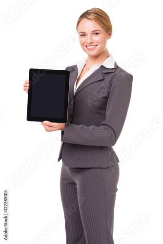 Young Businesswoman with Digital Tablet on White