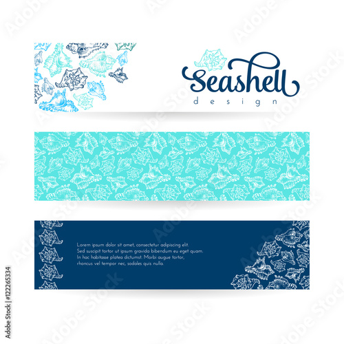 Sketch seashell card template background. Vector illustration for your design