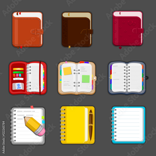 Collection of various open and closed notebooks, diary, sketchpad, pocketbook. Set of different notepads and tablets with notes and bookmarks. Vector icon.