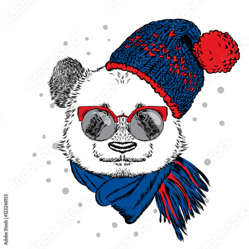 Fototapeta Naklejka Na Ścianę i Meble -  Panda with glasses, hat and scarf. Vector illustration for greeting card, poster, or print on clothes. Christmas and New Year. Winter.