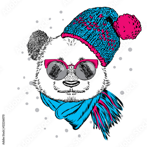 Fototapeta Naklejka Na Ścianę i Meble -  Panda with glasses, hat and scarf. Vector illustration for greeting card, poster, or print on clothes. Christmas and New Year. Winter.