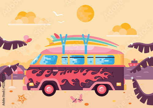 Surfing van flat illustration on the beach. The sand, palm leaves, clouds and sea or ocean. 