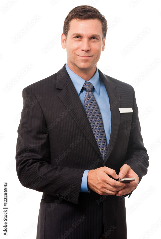 Businessman texting with mobile phone on white Businessman texting with mobile phone on white