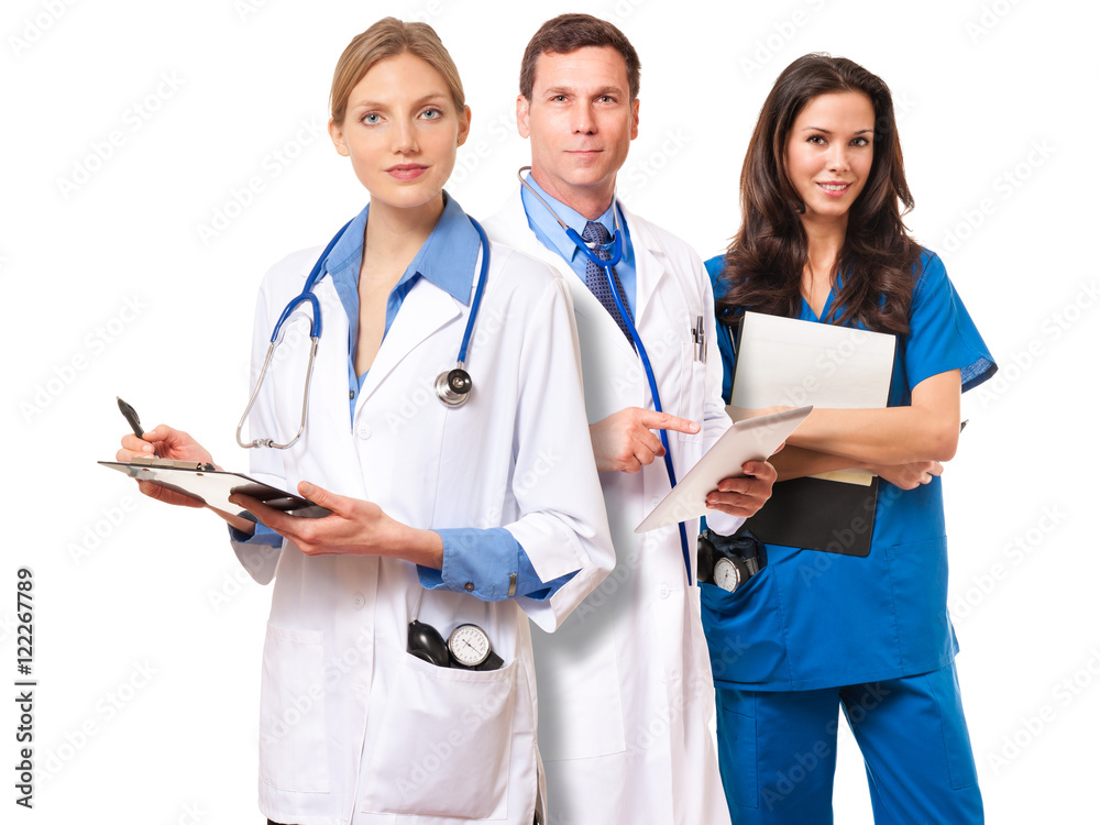 Doctor Nurse Holding Clipboard Tablet Computer on White Doctor Nurse Holding Clipboard Tablet Computer on White