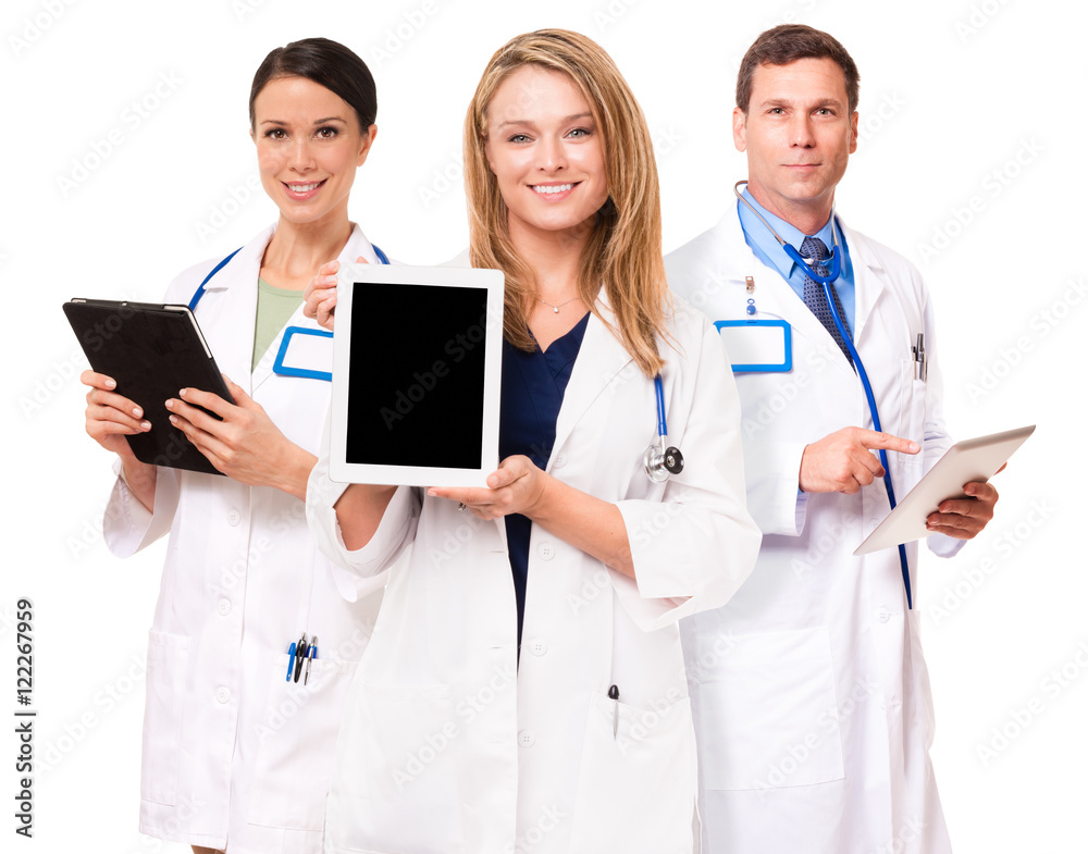 Doctors nurses with digital tablets isolated on white background Doctors nurses with digital tablets isolated on white background