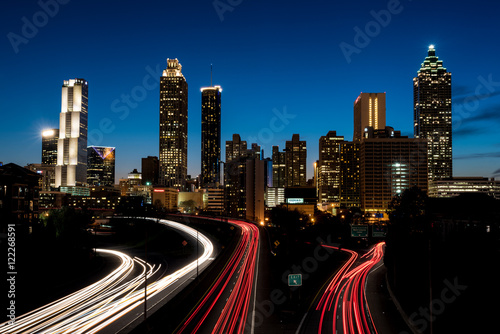 Downtown Atlanta at sunset with car lights