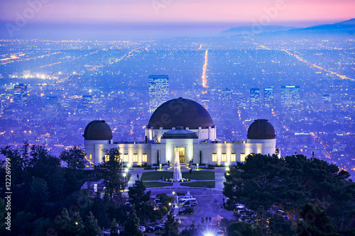 Los Angeles Griffith Observaory at sunset with city and distant Catalina Island in background