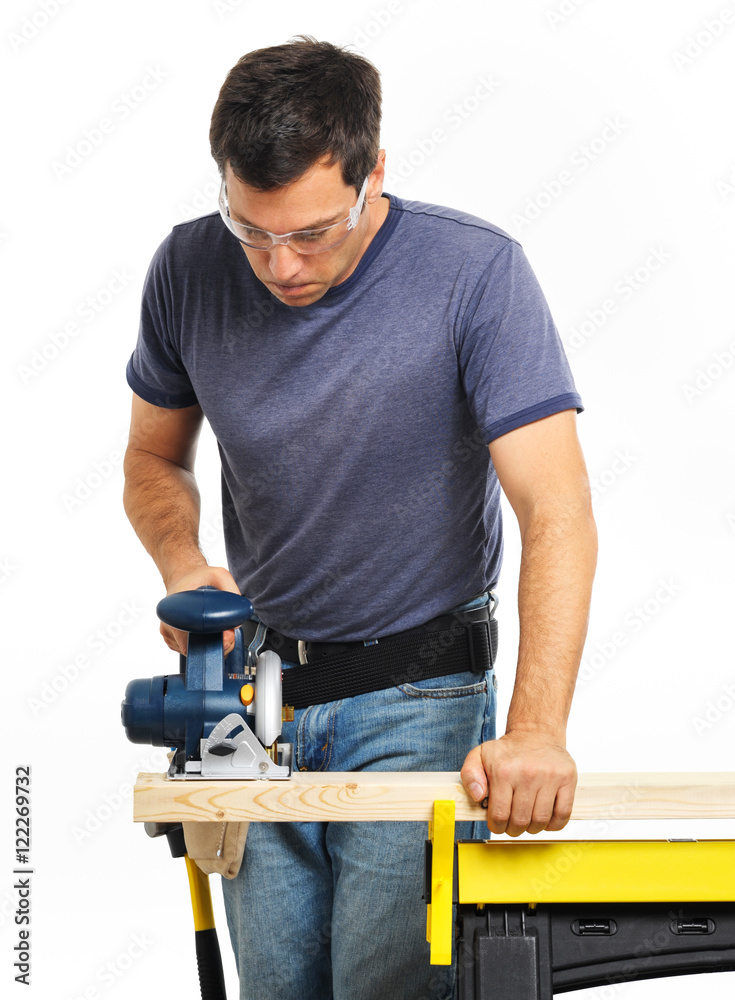 Construction Contractor Carpenter with Circular Saw on White Construction Contractor Carpenter with Circular Saw on White