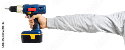 Man holding power drill on white