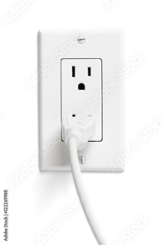 Electrical cord plugged into outlet isolated on white background for use alone or as a design element