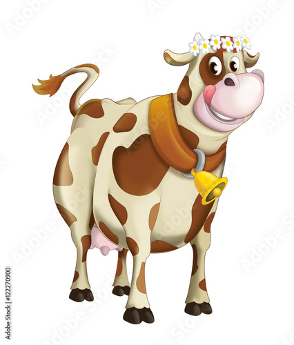 Cartoon happy cow with flower circlet - isolated - illustration for children