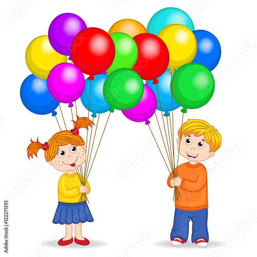 boy and girl holding balloons - vector illustration, eps