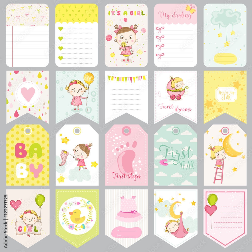 Cute Baby Girl Tags. Baby Banners. Scrapbook Labels. Cute Cards.