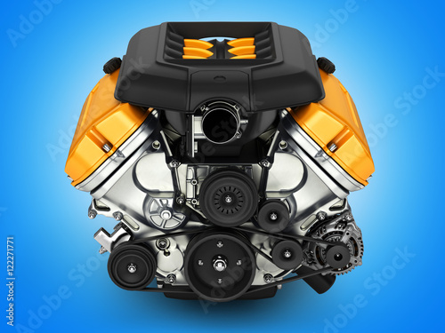 Automotive engine on blue gradient background.3D illustration.