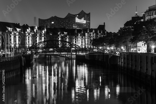 Hamburg Warehouse District at night in black and white
