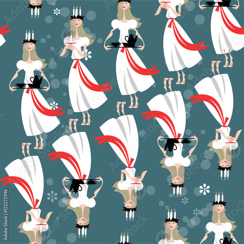 Saint Lucia Swedish Christmas tradition. St. Lucia’s Day. Scandinavian Christmas.  Seamless background pattern. 