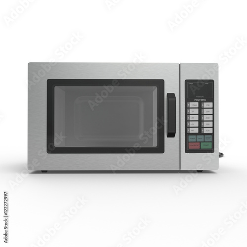 Silver microwave oven with closed door on white. 3D illustration