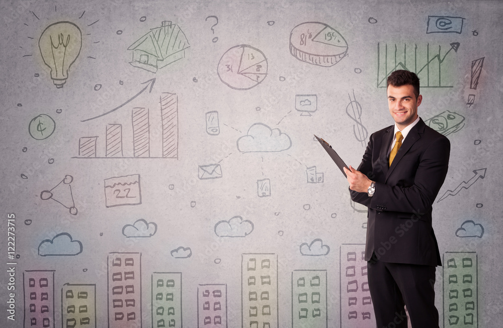 Obraz premium Colorful drawings on wall with businessman