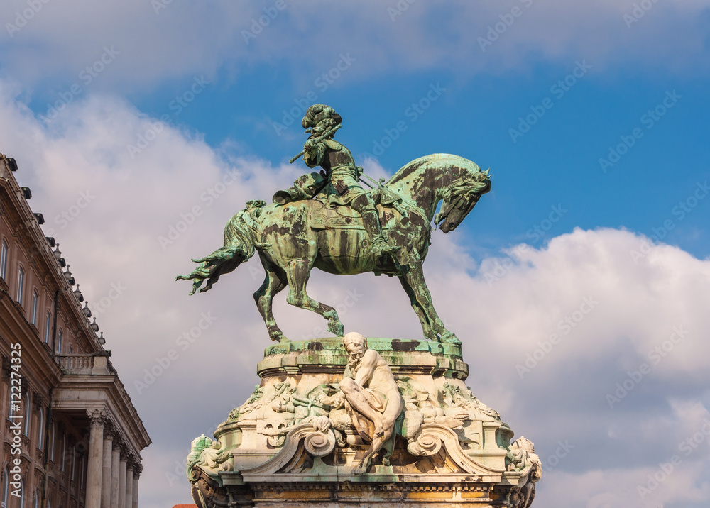 Equestrian statue of Prince Savoyai Eugen in front of the historic Royal Palace in Buda Castle. Budapest