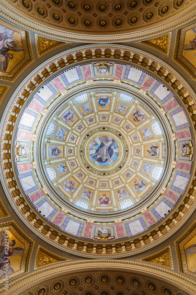Interior of the cupola in the Roman catholic church St. Stephen's Basilica in Budapest