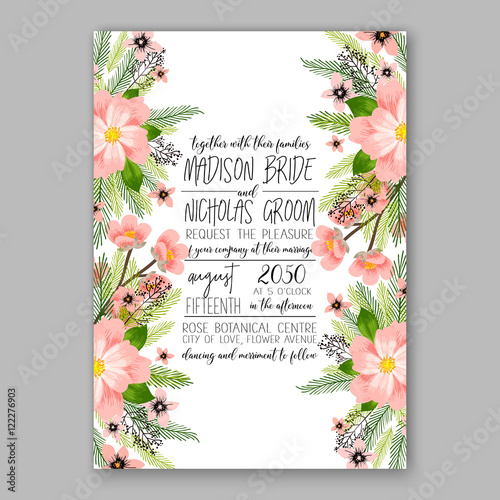 Wedding invitation template with watercolor winter  flower christmas wreath pine branch