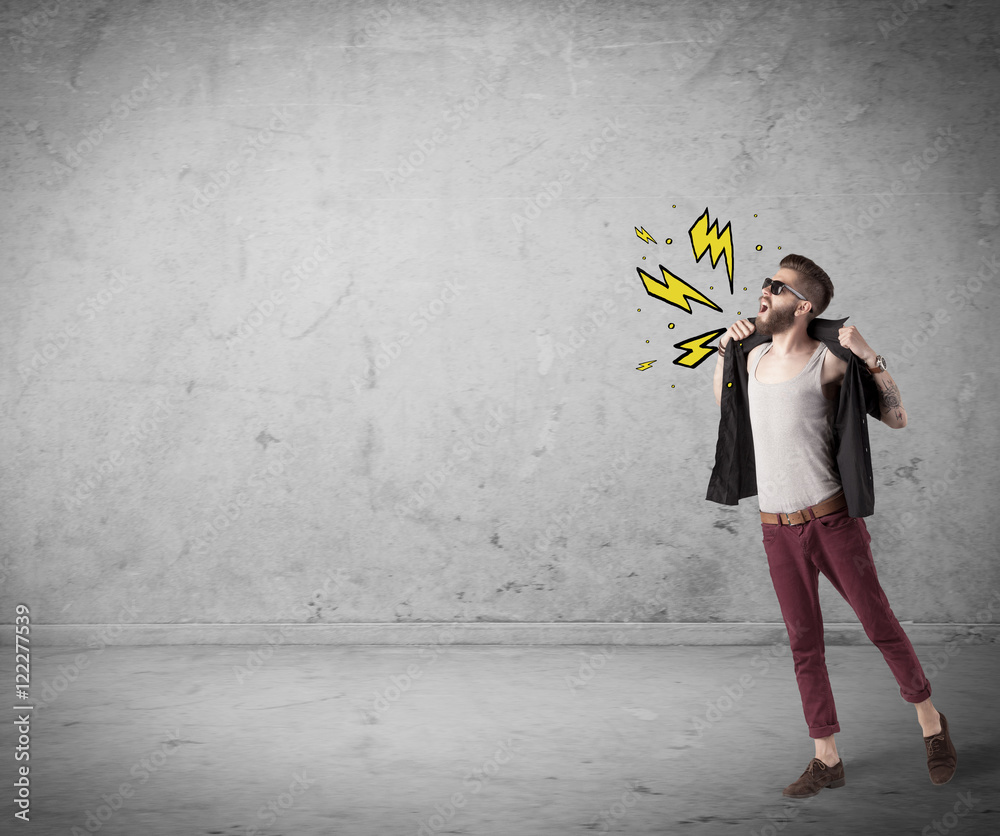Funny hipster in fashion clothing shouting Funny hipster in fashion clothing shouting