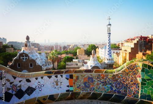 cityscape of Barcelona from park Guell at summer sunrise, Spain, retro toned