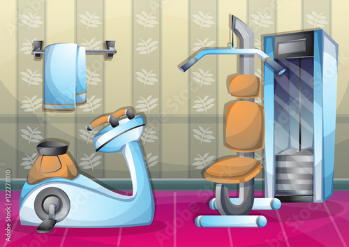 cartoon vector illustration interior fitness room with separated layers in 2d graphic