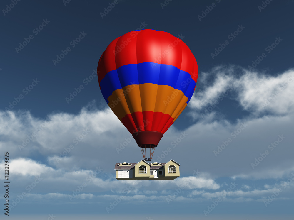 Fototapeta premium Globo aerostático transportando una casa