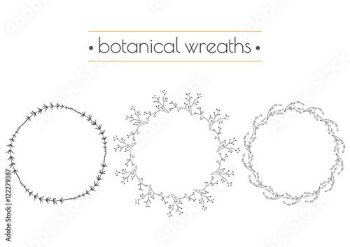 Hand drawn vector illustration. Set of vintage decorative herbal wreaths. Boho design elements.
