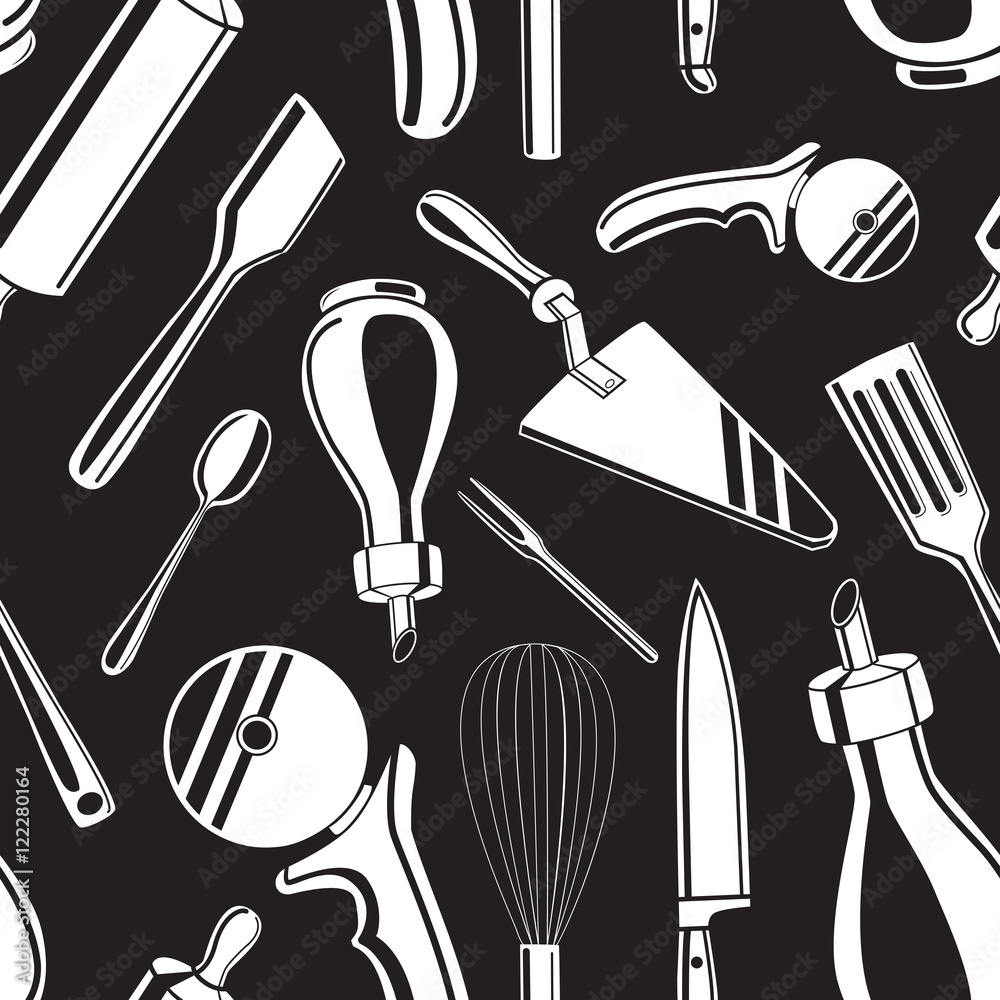Seamless pattern background with black hand drawn kitchen tools Seamless pattern background with black hand drawn kitchen tools