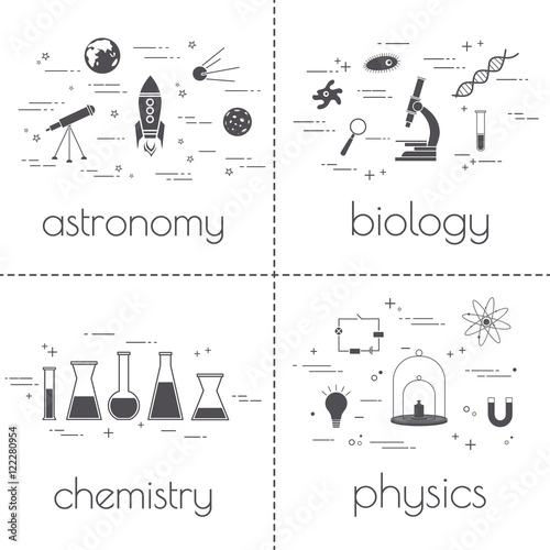 Set of line icons. Educational and science concept. Isolated on white background. School subjects.