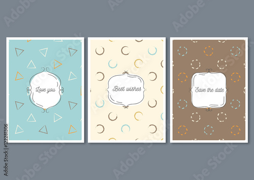 Set of invitation cards with hand drawn patterns. Invite wedding templates or greeting cards.