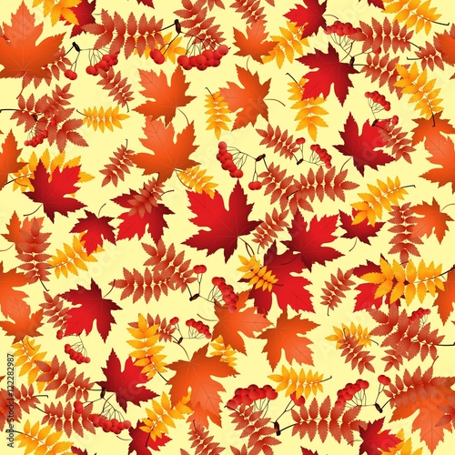 Vector seamless pattern with red and yellow autumn leaves