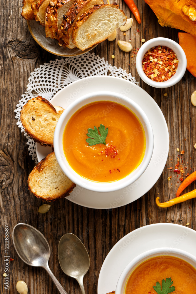 Pumpkin soup, top view Pumpkin soup, top view