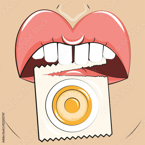 Contraception Vector illustration Girl holds in her mouth the opened package with the condom Cartoon style