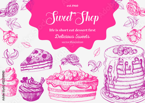 Vector design with ink hand drawn cake, pie ice cream and wafers. Vintage template for bakery menu or sweet home shop. Background with dessert sketch. Vector illustration in retro Linear style.