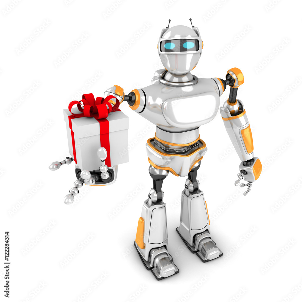 Futuristic Robot Presenting Gift Box Futuristic Robot Presenting Gift Box