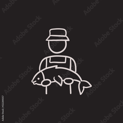 Fisherman with big fish sketch icon.