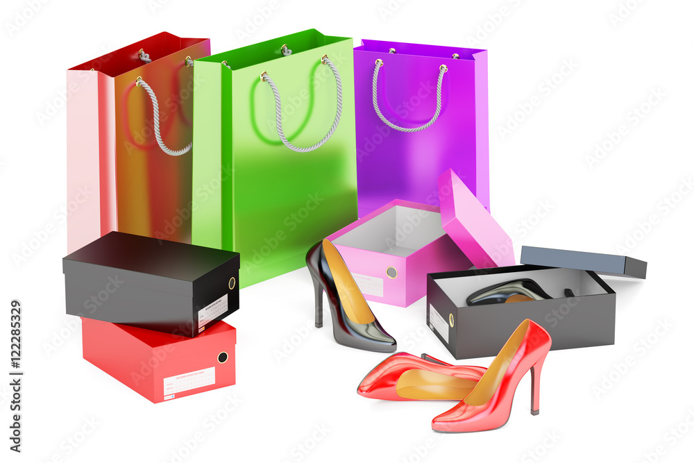Shopping concept. Shoes, shopping, bags and shoeboxes, 3D render Shopping concept. Shoes, shopping, bags and shoeboxes, 3D render