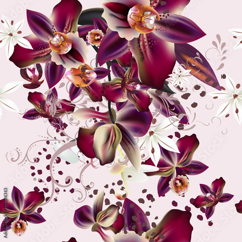 Vector illustration on a tropical theme palm leafs and orchids