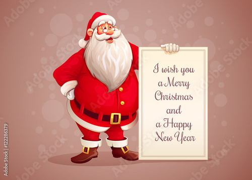 Merry Santa Claus standing with christmas greetings banner in