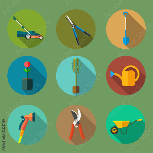 This is a set of garden tools in the form of flat icons. Lawn mower, hedge trimmers, shovel, pruning shears, seedlings, watering can, secateur, watering sprinkler ,wheelbarrow