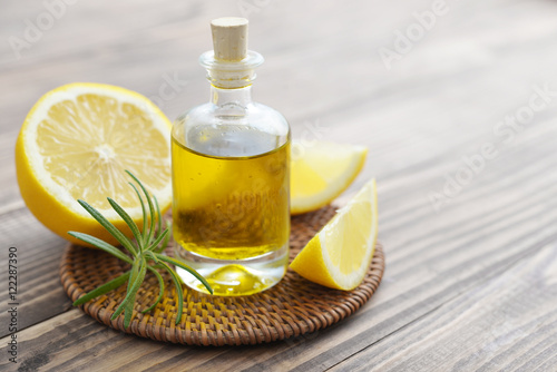 lemon oil in a glass bottle