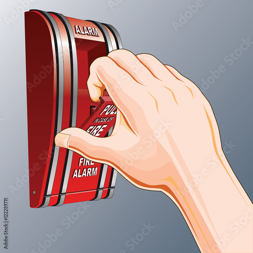 Fire Alarm is an illustration of a hand reaching and pulling a red fire alarm switch.