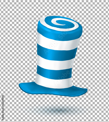 Blue and white colors striped realistic vector carnival hat isolated on transparency grid background
